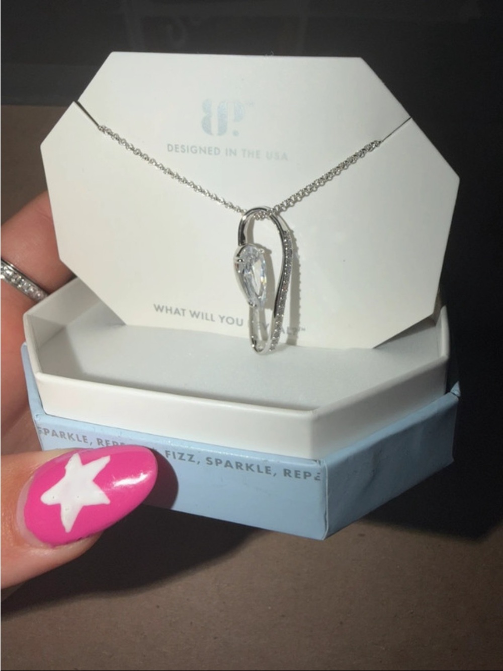 Silver Heart Drop Necklace with Clear Teardrop Stone